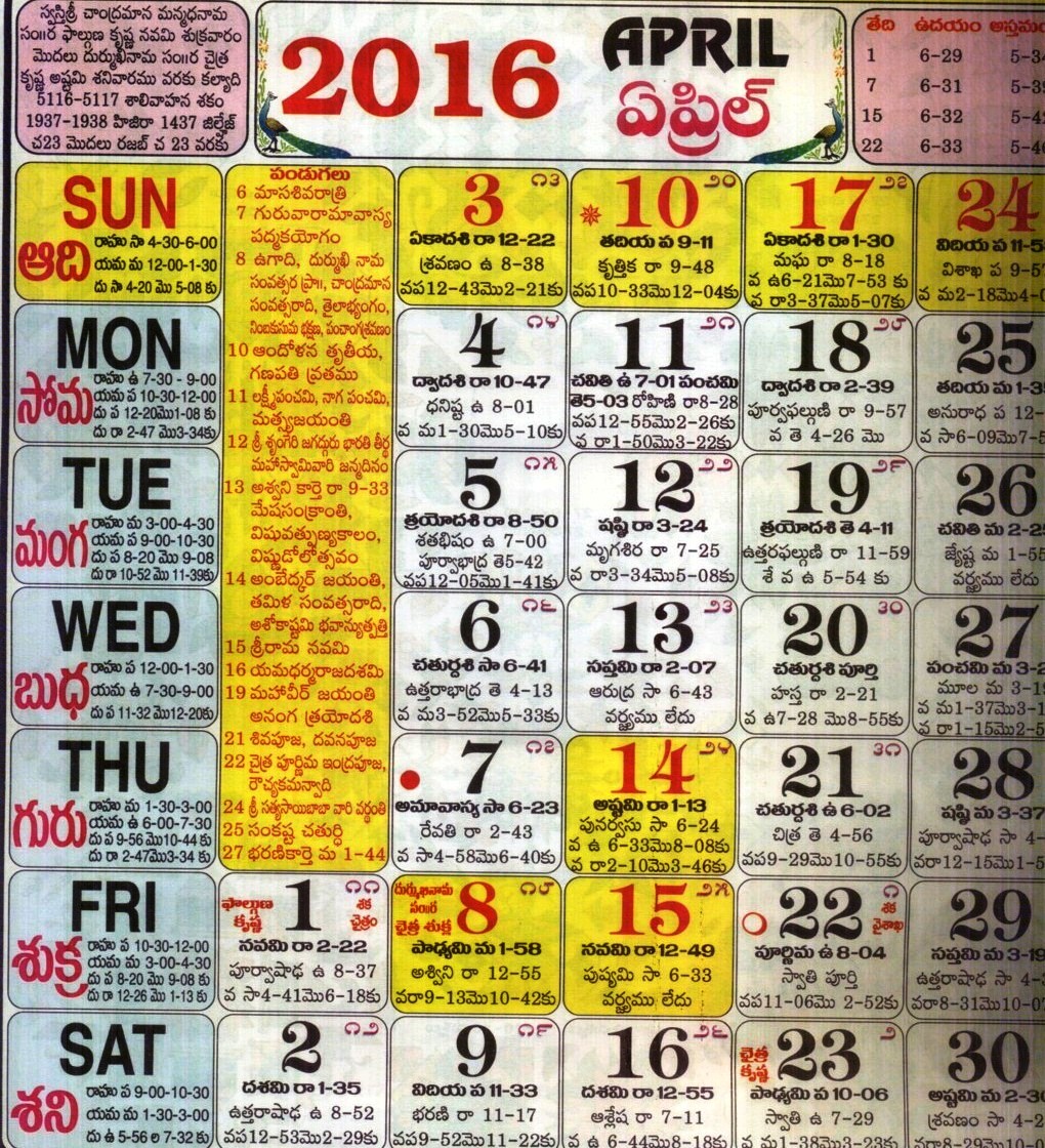 Click here to download Telugu Calendar for the month of April 2016