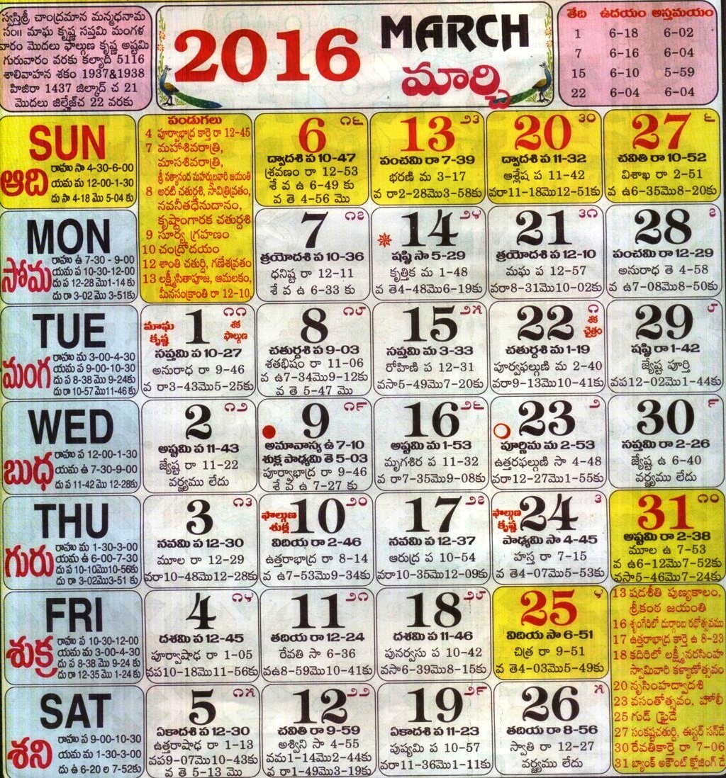 Click here to download Telugu Calendar for the month of March 2016